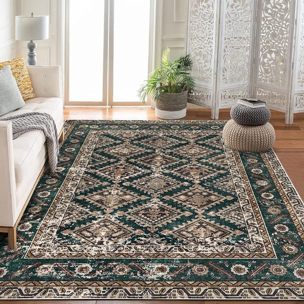 slide 2 of 7, Area Rugs,Washable Rugs for Living Room,Vintage Boho for Office,Dining Room,Kids Room,Durable Low Pile Non-Slip Area Rug Dark Green - 10'x13'