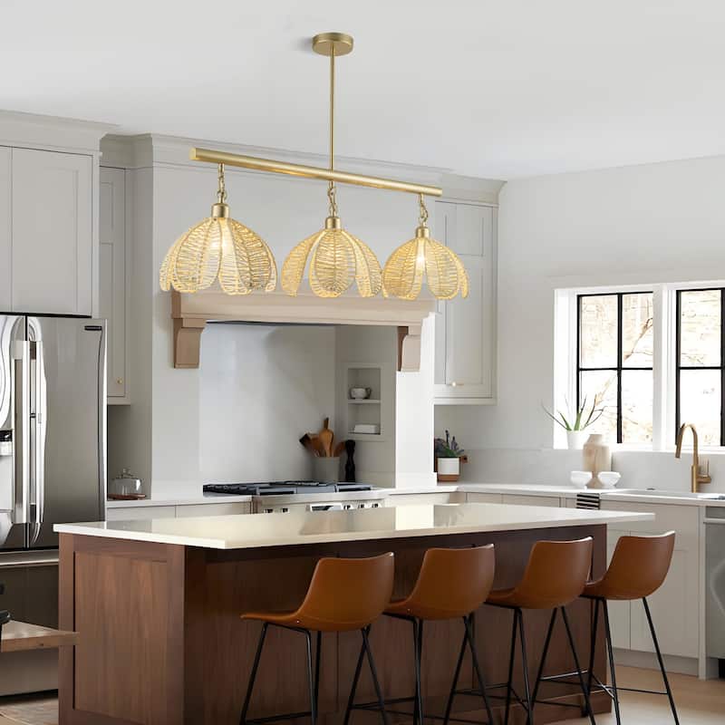 Cali 3-Light Wicker Flower Linear Pendant, Coastal Boho - Handwoven - 36" Wide