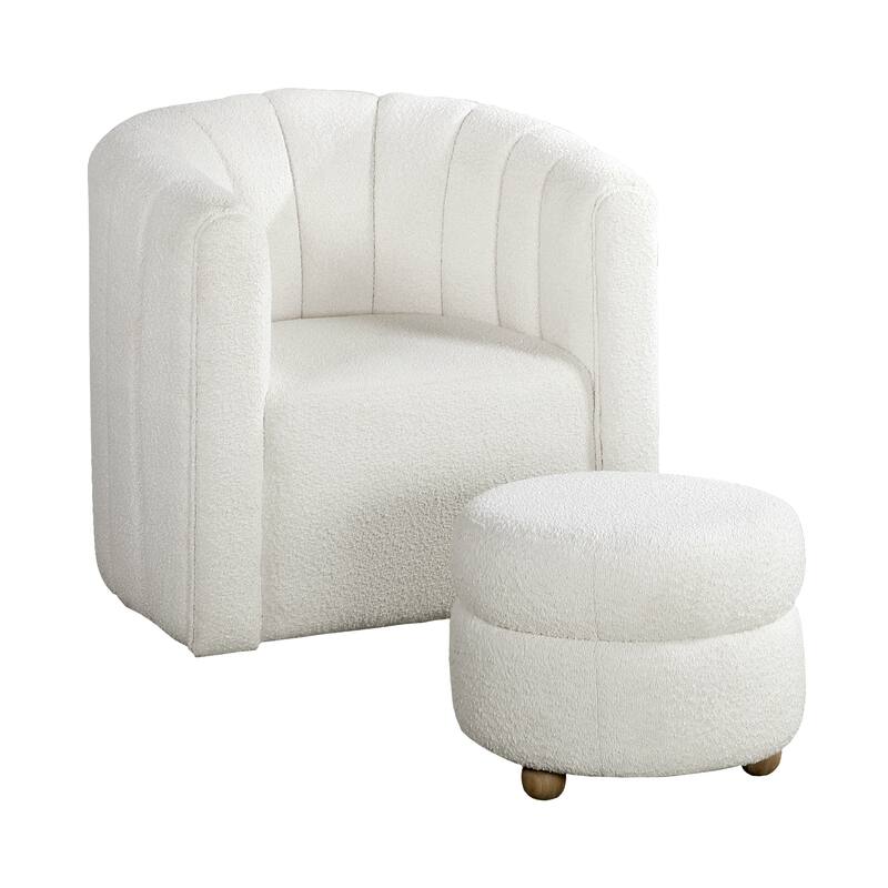 Arden 31" Boucle Swivel Chair with Ottoman - Solid Wood Legs - White