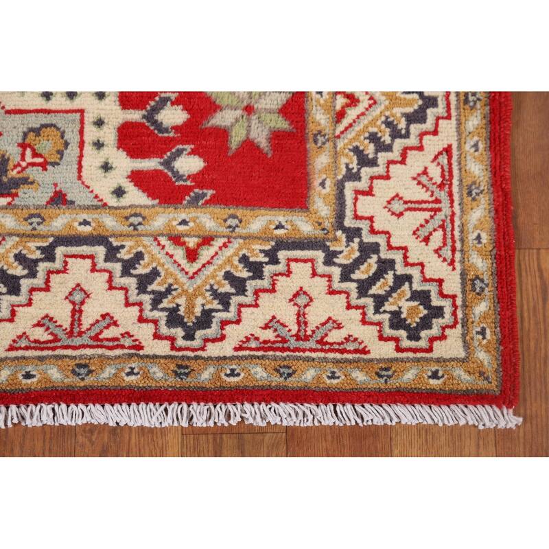 Geometric Kazak Runner Rug Handmade Red Wool Carpet - 2'11" x 9'8"