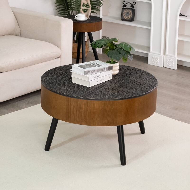 GDFStudio Veyrion Carved Round Coffee Table with Storage and Mid-Century Modern Design