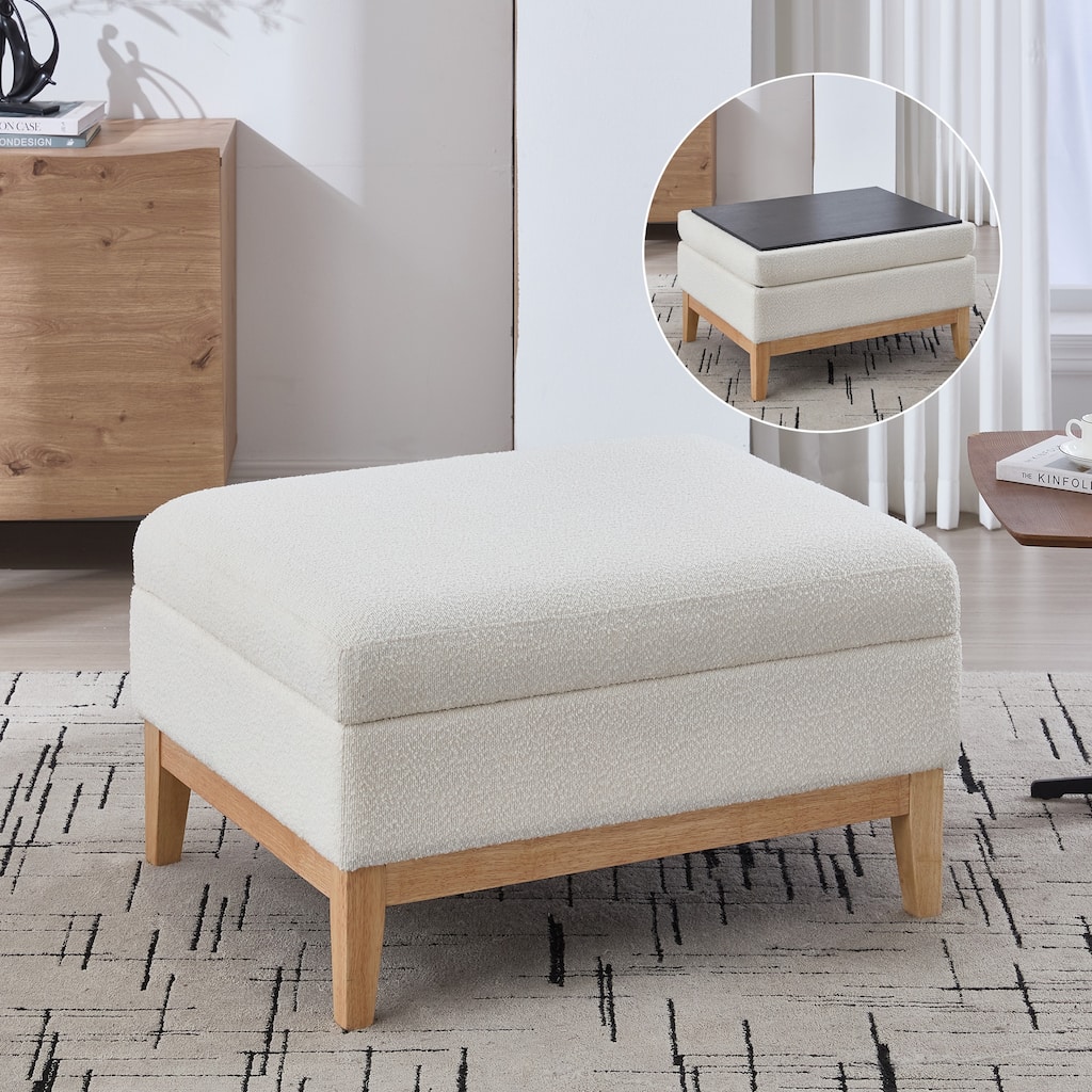 Roomfitters Storage Ottoman, Boucle Coffee Table Footstool with Reversible Lid and Wood Base for Living Room or Bedroom