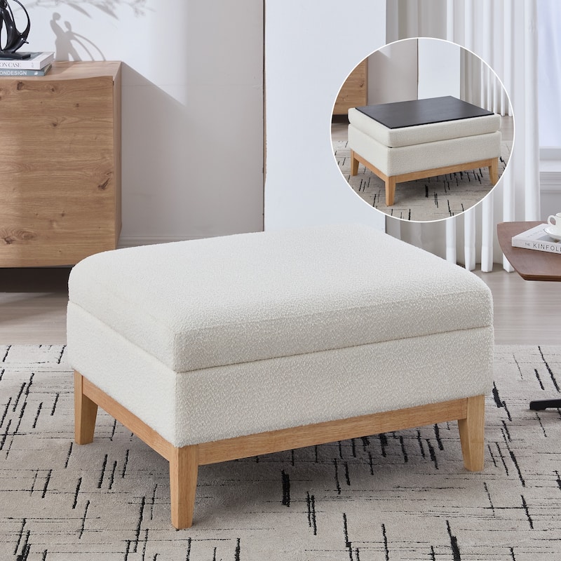 Roomfitters Storage Ottoman, Boucle Coffee Table Footstool with Reversible Lid and Wood Base for Living Room or Bedroom - Ivory+Brown