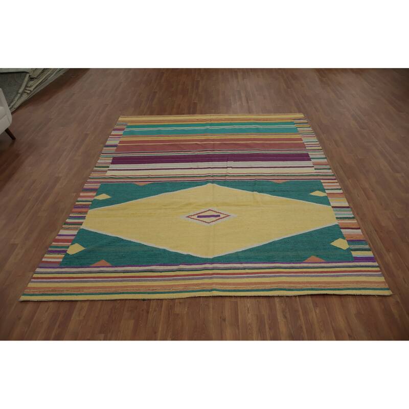 Hand Woven Oriental 100% Wool Carpet Southwestern Tribal Multi-Colored Kilim Area Rug - 10' 1'' X 8' 3''