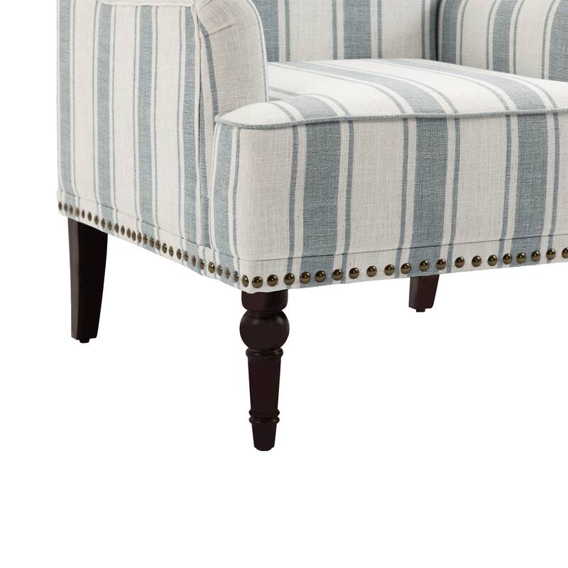 Striped Upholstered Linen Armchair with Brass Nailhead Trim