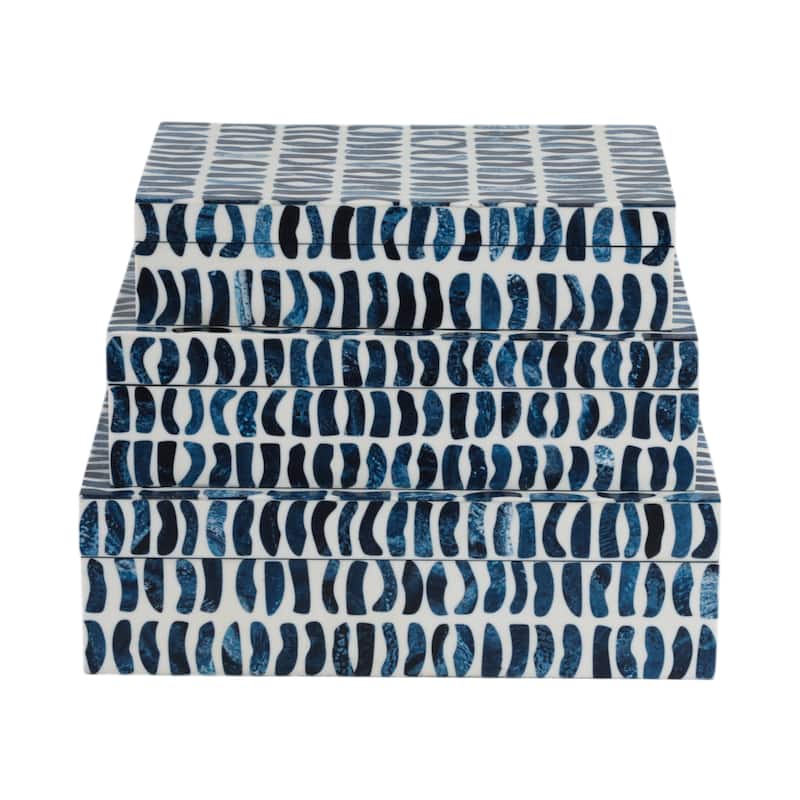 Decorative Boxes with Lid - Set of 3, 10", 11", 12", Blue & White - 12.0"
