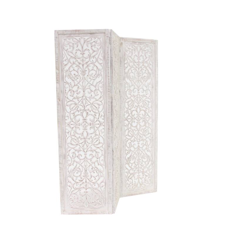 Wooden Floral Handmade Hinged Foldable 3 Panel Room Divider Screen with Intricate Carved Design - White - Roche River Decor