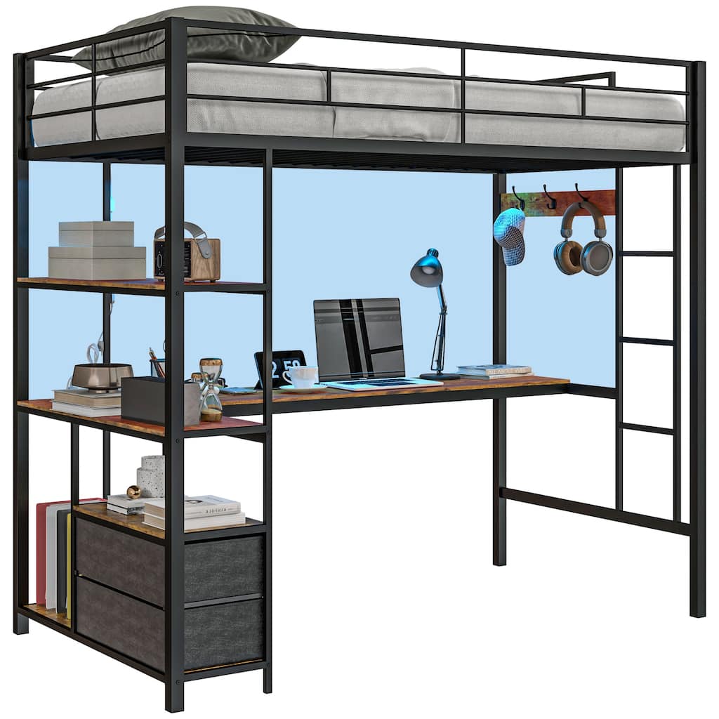 Twin Loft Bed with L Shaped Desk and RGB LED Lights, Steel Frame Bed with Guardrails USB AC Outlets