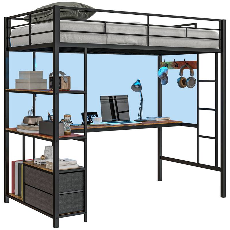 Twin Loft Bed with L Shaped Desk and RGB LED Lights, Steel Frame Bed with Guardrails USB AC Outlets