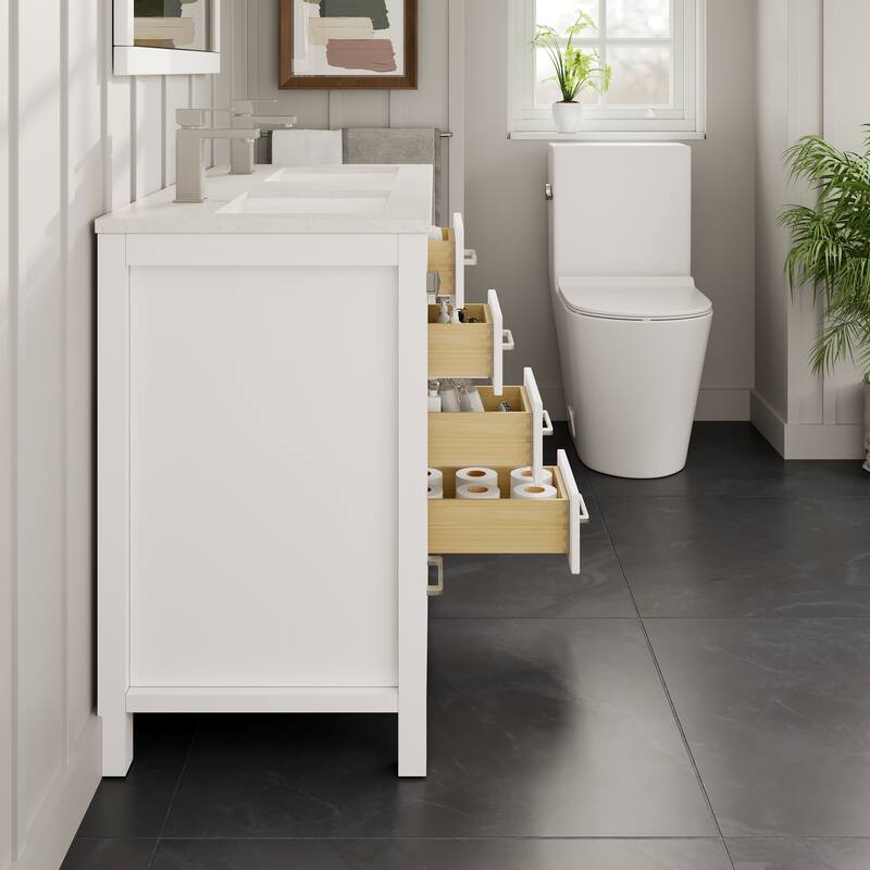 Eviva London 54"W x 18"D White Double Sink Bathroom Vanity with White Carrara Quartz Vanity Top