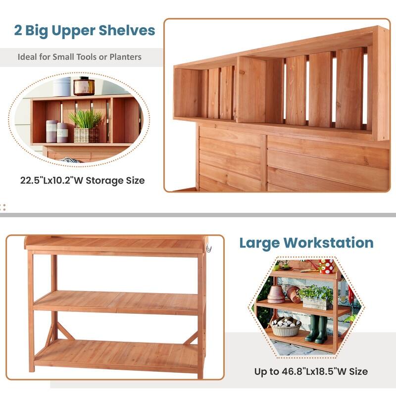 65" Large Wooden Farmhouse Rustic Outdoor Potting Bench Table, Patio Workstation with 4 Storage Shelves and Side Hook