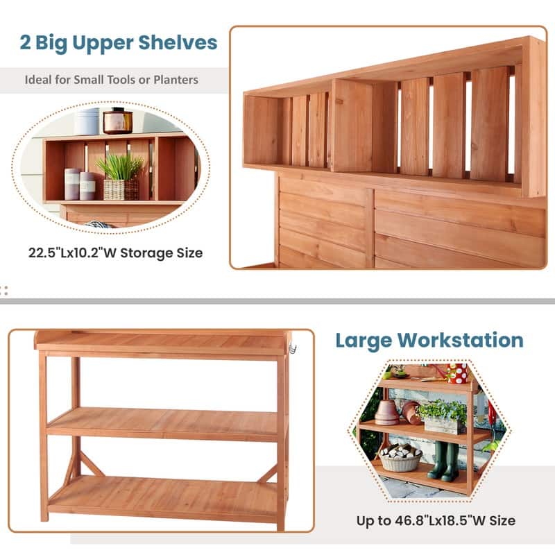 Large Wooden Outdoor Potting Bench Table, Patio Workstation, Garden Potting Bench with 4 Storage Shelves and Side Hook