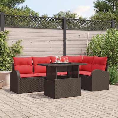 vidaXL 6 Garden Sofa Set with Cushions Black/Brown/Grey Poly Rattan - 92.1 x 48.8 x 27.2