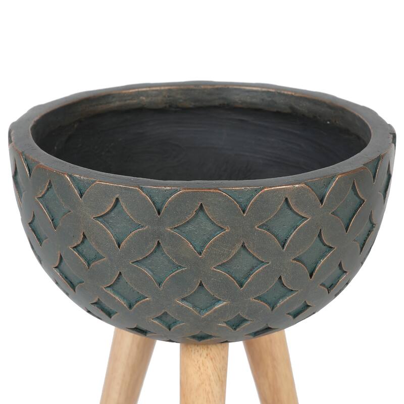 Butterfly Embossed Black 12.25-Inch Round MgO Planter with Brown Wood Legs - Planter + Legs: 14.25" H x 12.25" Diameter