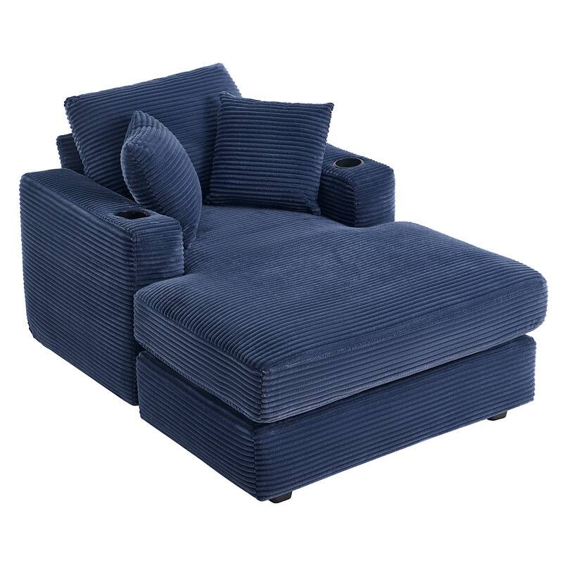 Chaise-Style Corduroy Sofa with Cup Holders and 3 Back Cushions - Reclining Lounge Design