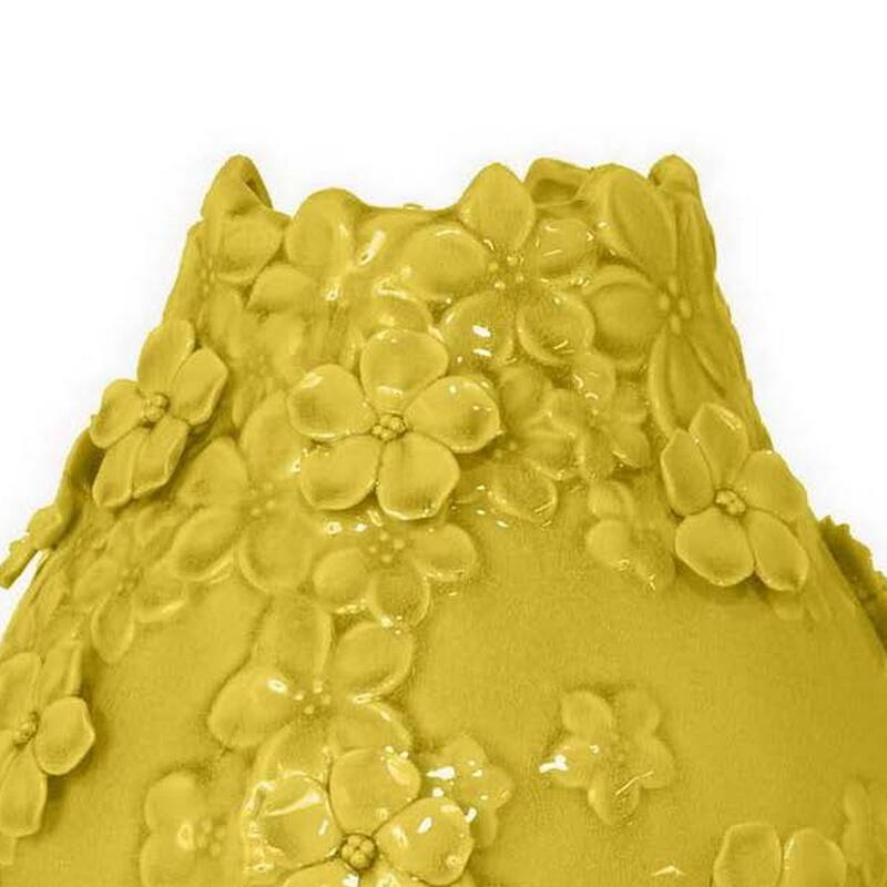 Remi Flower Vase, Decorative Yellow Ceramic w Floral Motifs, 11 Inch