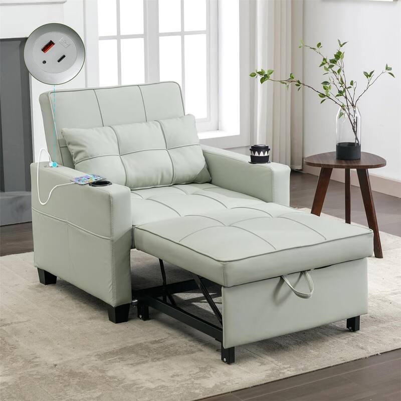 3-in-1 Pull out Convertible Futon Sleeper Armchair Beds with USB Ports - Green - Tech Cloth