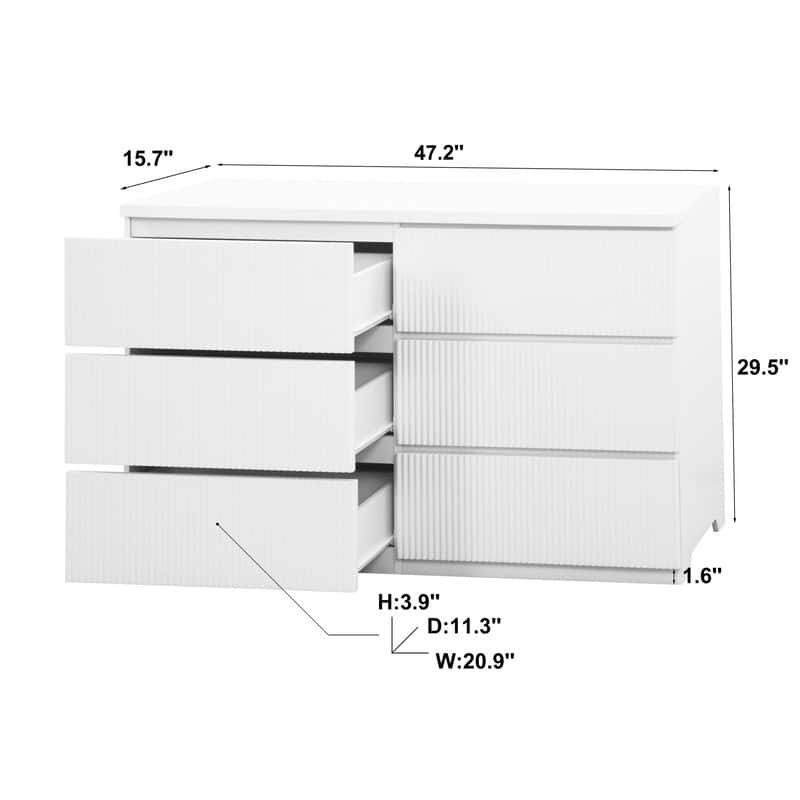 6-Drawer White Storage Cabinet, Modern Wavy Panel Dresser for Bedroom & Living Room