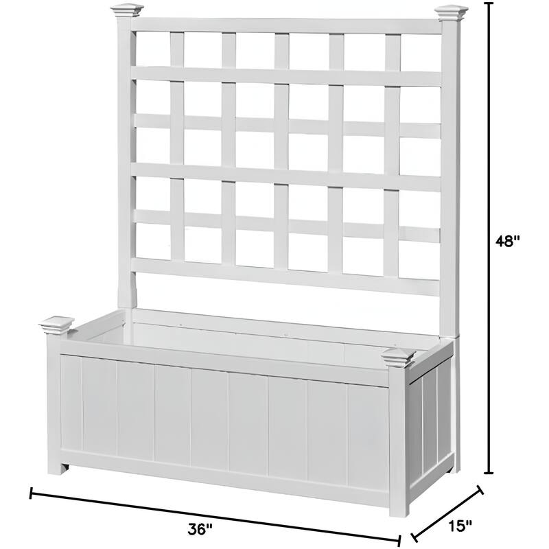 White Plastic Rectangular Outdoor Planter Box with Trellis and Drainage Holes - 36” L x 15” W x 48” H