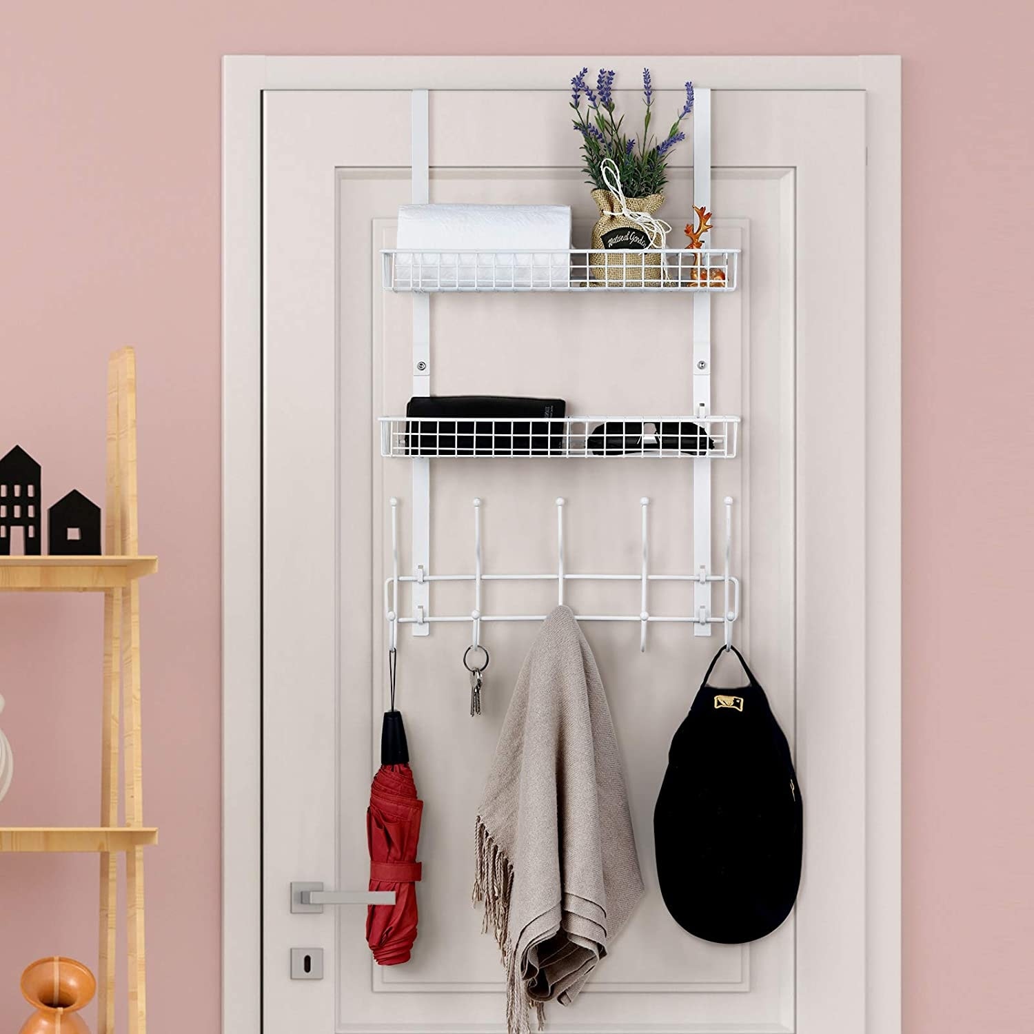 Over The Door Hanger with 2 Mesh Baskets 5 Hooks On Sale Bed