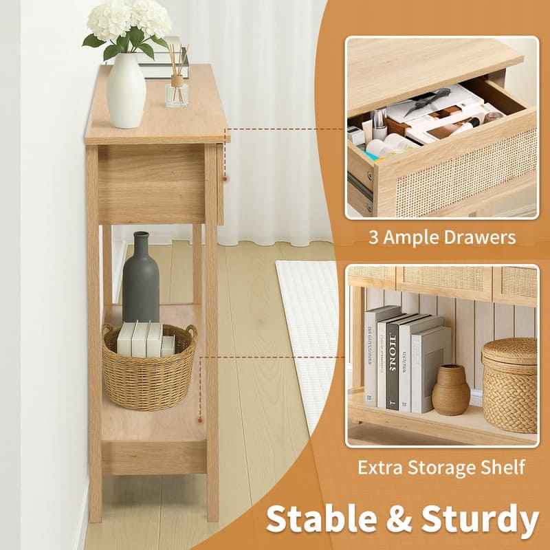 Wood Color 2-layer 3-draw MDF 130 * 30 * 81cm Rattan Surface Entrance Table