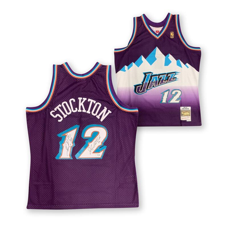 John Stockton and Karl Malone Autographed Utah Jazz Signed Mitchell and Ness Swingman Basketball Jersey Beckett Beckett COA A