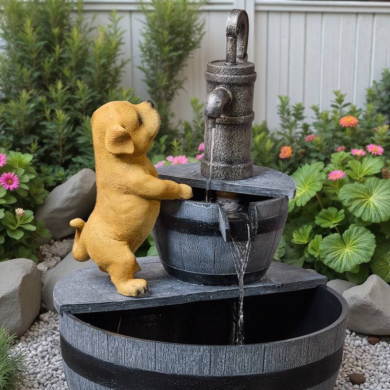 Outdoor Garden Fountain with LED – Farmhouse-Style Puppy & Faucet Design