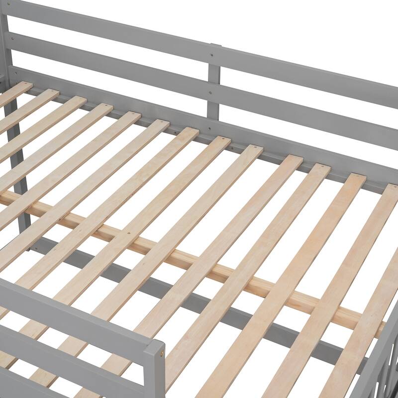 Floor Bunk Bed with Movable Storage Cabinet, Solid Wood Bunkbeds Frame