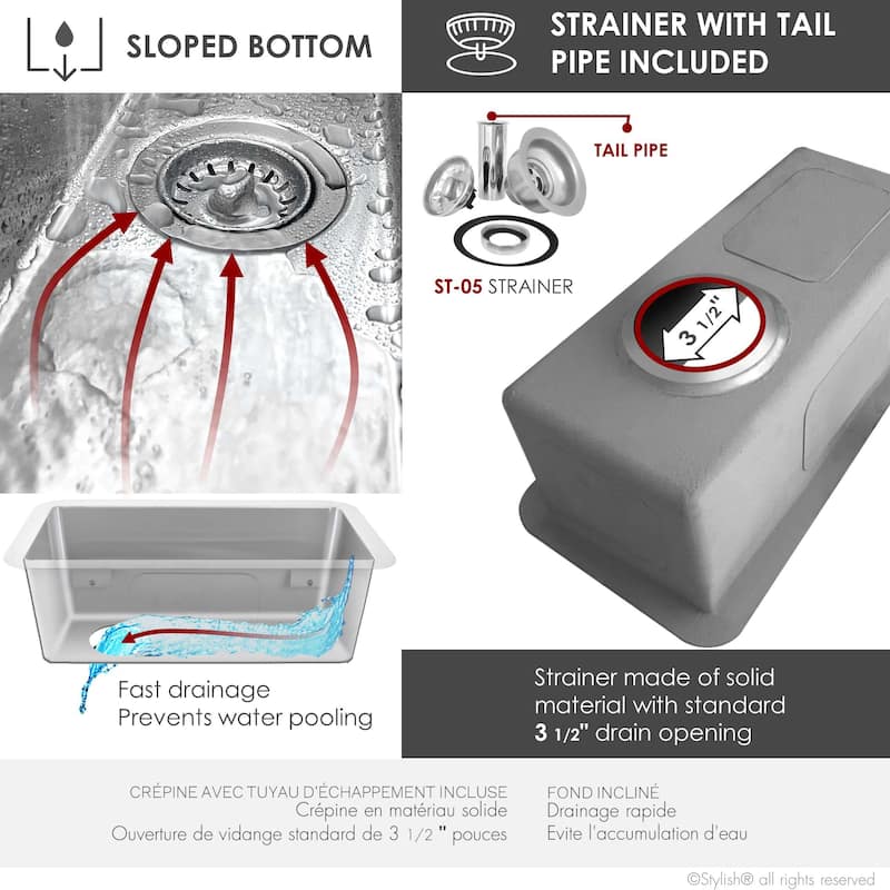 STYLISH 9 inches L x 18 inches W Dualmount Single Bowl 18 Gauge Bar Sink with Grid and Strainer