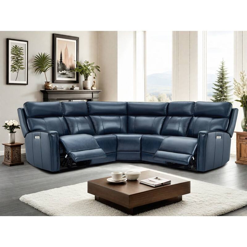 104" W 3-Color Genuine Leather Power Reclining sectional sofa With Zero Gravity, USB&USB-C Ports, 2 Stationary Armlesschairs - Blue