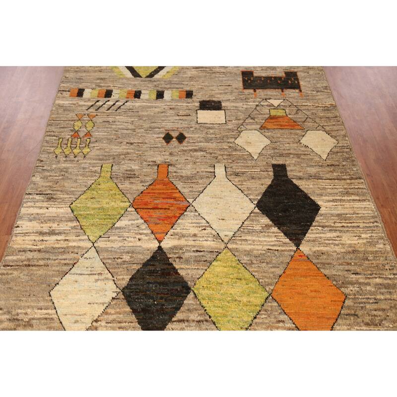 Geometric Beige Moroccan Oriental Area Rug Handmade Wool Carpet - 7'1" x 9'5"