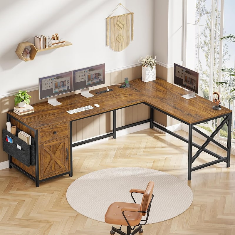 63" L Shaped Desk Corner Office Desk with Drawer Computer Desk - Brown
