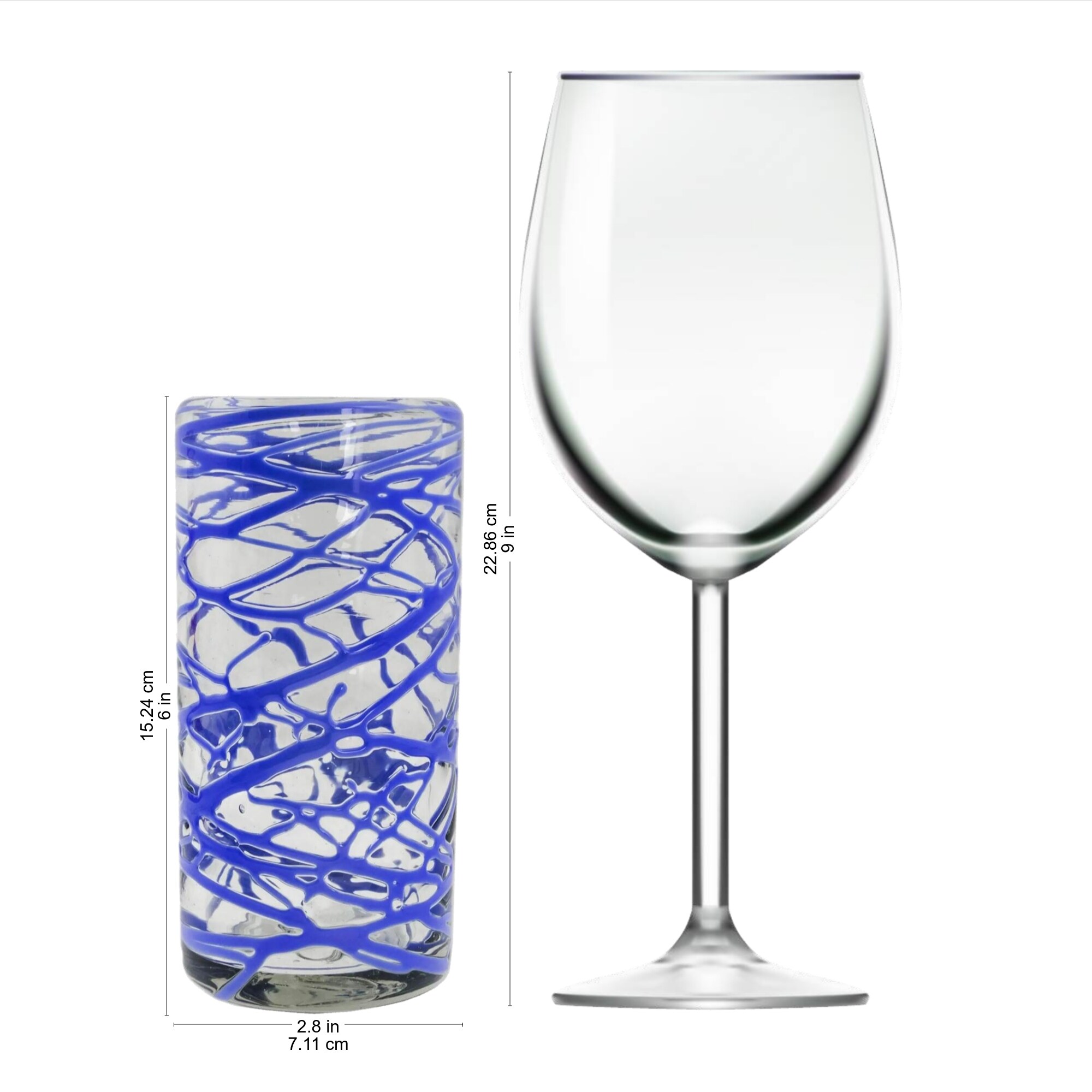 NOVICA Hand Blown Blue Swirl Recycled Glass Wine Glasses,11 oz 'Blue Ribbon' (Large, Set of 6)