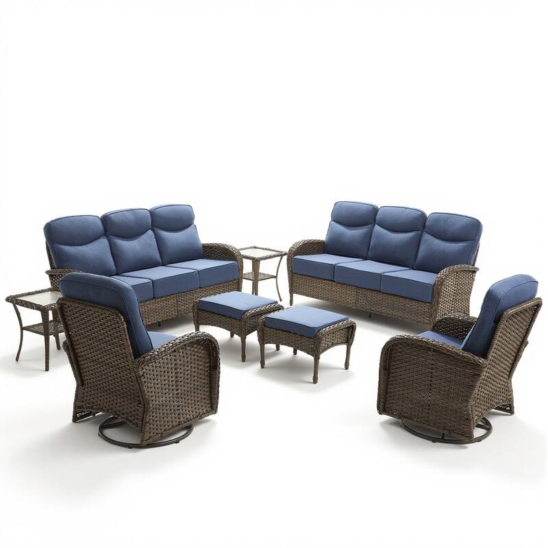 Pocassy Patio 8-Piece Sofa Swivel Chair Table with Ottoman