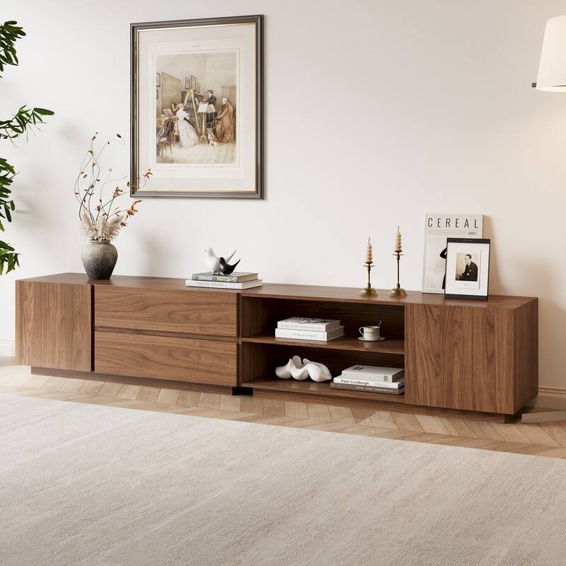 94.7" Modern Mid-Century Brown Wood TV Stand with Storage - Convertible Flat/Stackable Media Console for Living Room