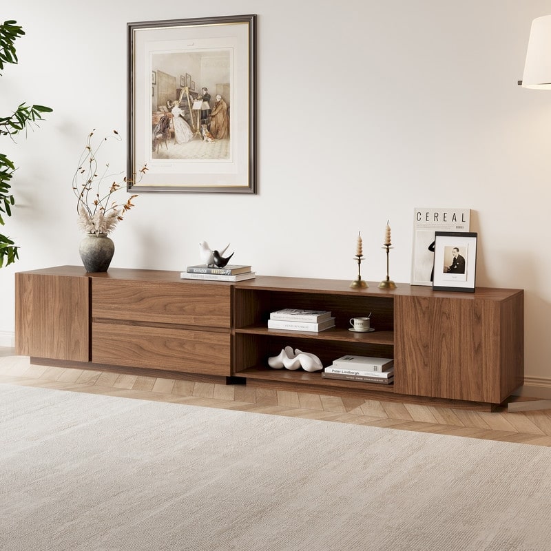 94.7" Modern Mid-Century Brown Wood TV Stand with Storage - Convertible Flat/Stackable Media Console for Living Room