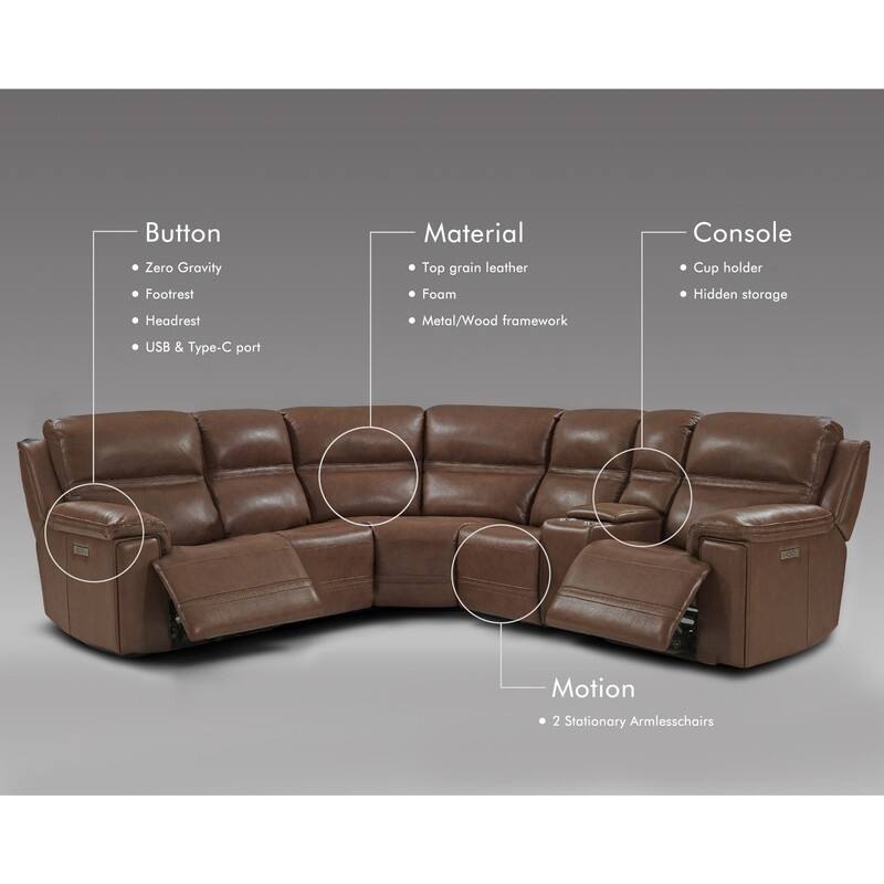 108” W Premium Genuine Leather Dual-Power Sectional Sofa with Console, Zero Gravity, Adjustable Headrest