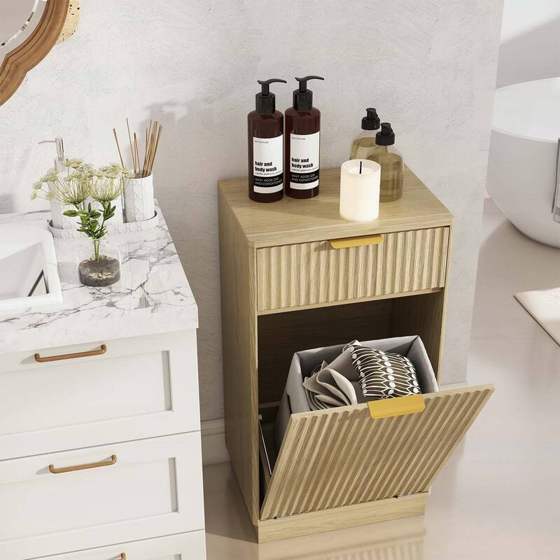 Tilt-Out Trash Can Cabinet with Wave-Textured Hideaway Drawer and Pull-Out Bin,for Living Room