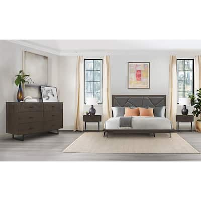 Marquis 3 or 4 Piece Platform Bed Frame Bedroom Set in Oak Wood with Faux Leather Headboard