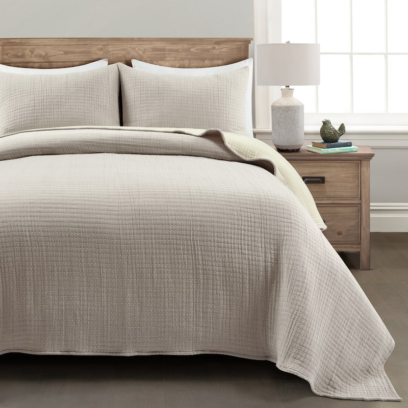 Lush Decor Solid Kantha Pick Stitch Woven Cotton 3-piece Quilt Set - Neutral - King