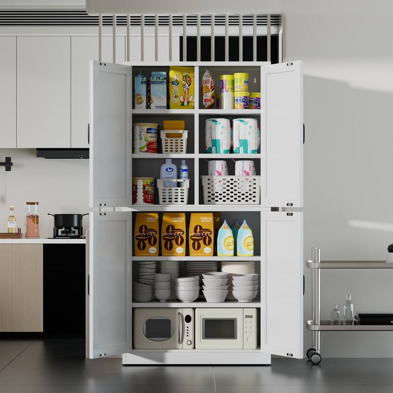 White Steel Kitchen Pantry Storage Cabinet with Adjustable shelves, heavy-duty country cabinet for kitchens, bathrooms