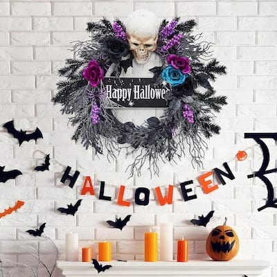 22 Inch Halloween Wreath with LED Lights for Fireplace, Porch - N/A