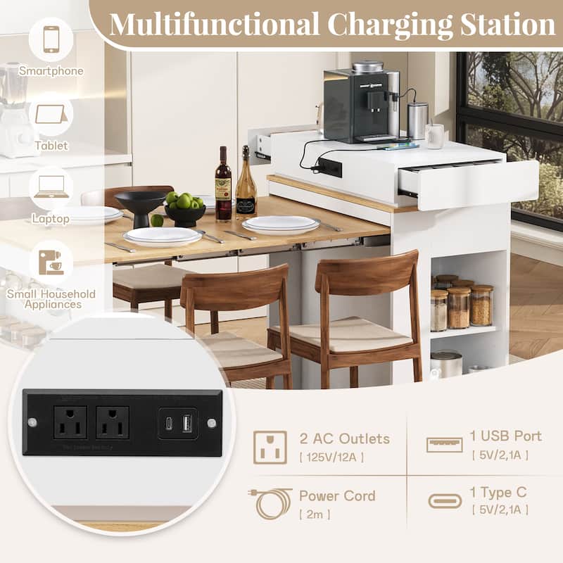 Extendable Dining Table with Folding Tabletop, Bar Table with Drawers and Power Outlet, Kitchen Island with Wheels and Hooks