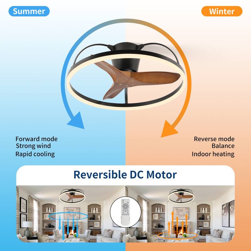 Farmhouse Solid Wood Blade Ceiling Fan with Light and Remote, 24" Low-Profile LED Fan Light Fandelier for Bedroom Kitchen