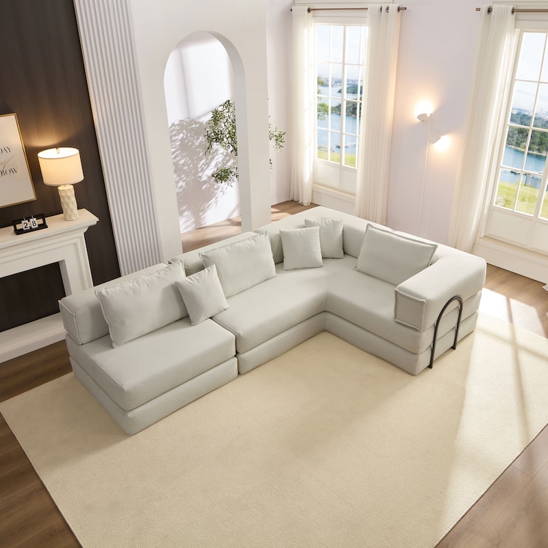 DIY Modular Corduroy L-Shaped Floor Sofa Set with 6 Pillows - Light Grey