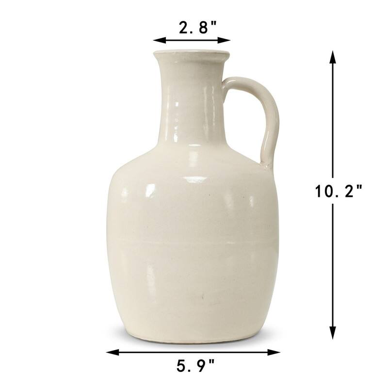Approx. 10" H Off White Ceramic Bottle Vase with One Decorative Handle