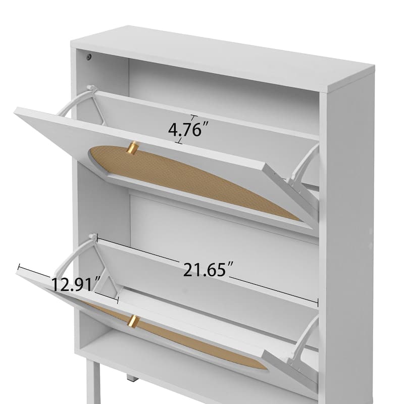 Roomfitters Rattan Shoe Cabinet, 2 Door Slim Shoe Storage Rack, Double Layer Entryway Organizer, White