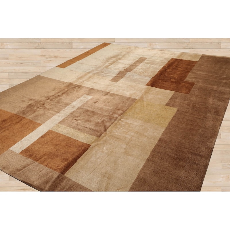Hand Knotted Beige Tibetan Wool & Silk Modern Oriental Area Rug - 9' x 11' 11''