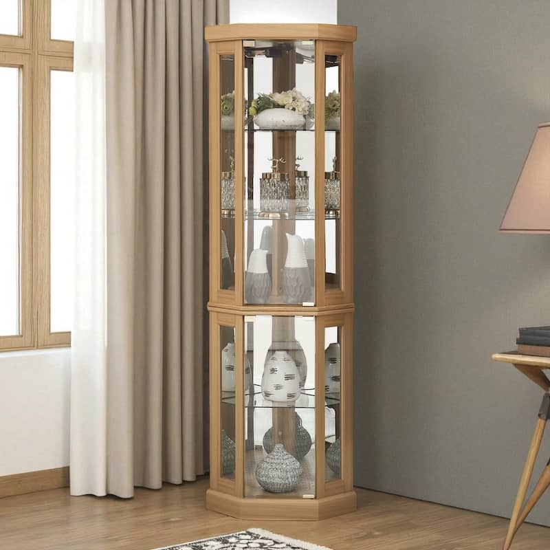 Corner Lighted Glass Curio Cabinet with Adjustable Shelves, Mirrored Back and Display Doors