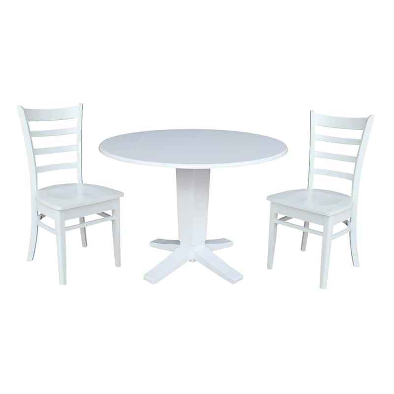42 in Solid Wood Round Drop Leaf Pedestal Table with Dining Chairs in White - 3-Piece
